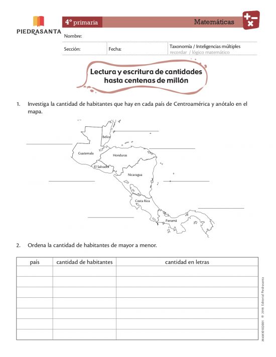 Lectura y escritura de cantidades hasta centenas de millar
