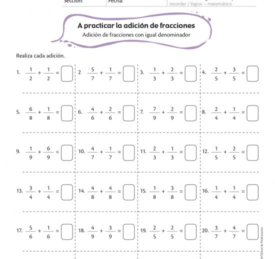 A practicar la adición de fracciones