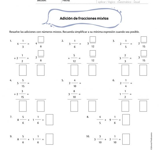 Adición con fracciones mixtas