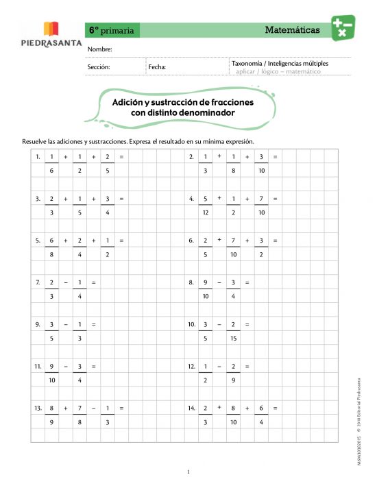 Adición y sustracción de fracciones con distinto denominador