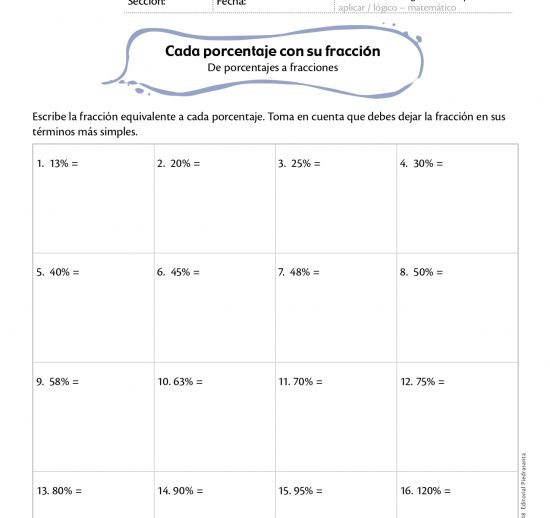 Cada porcentaje con su fracción