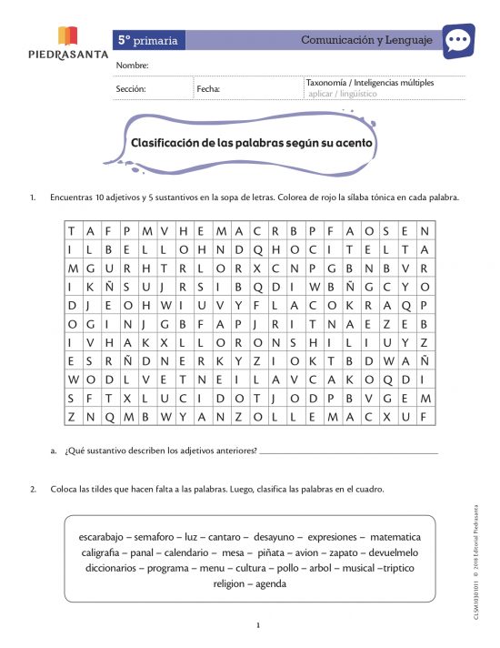 Clasificación de las palabras según su acento