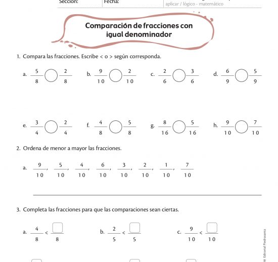 Comparación de fracciones con igual denominador