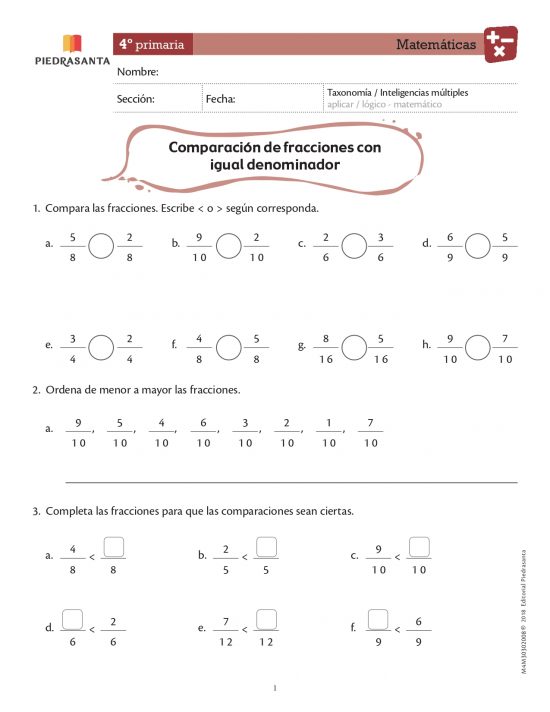 Comparación de fracciones con igual denominador