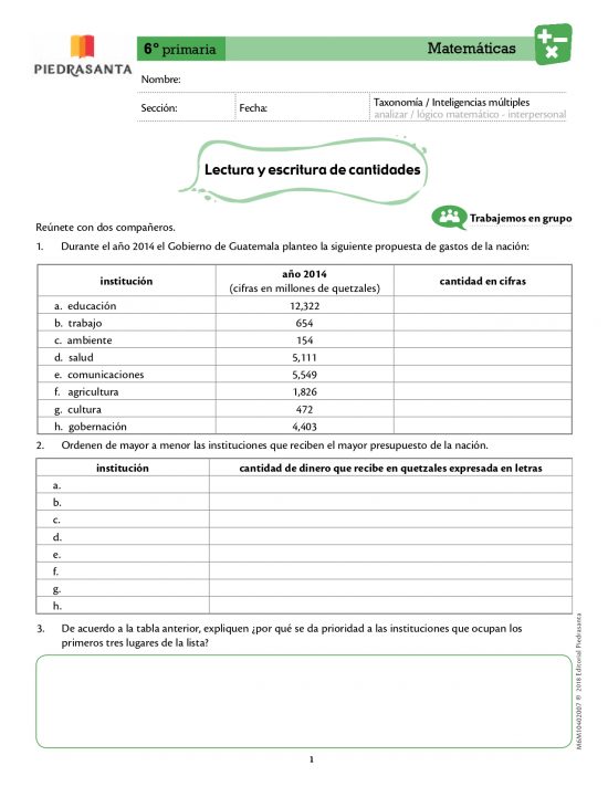 Lectura y escritura de cantidades