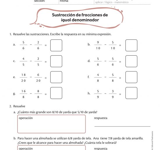 Sustracción de fracciones de igual denominador