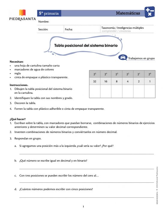 Tabla posicional del sistema binario